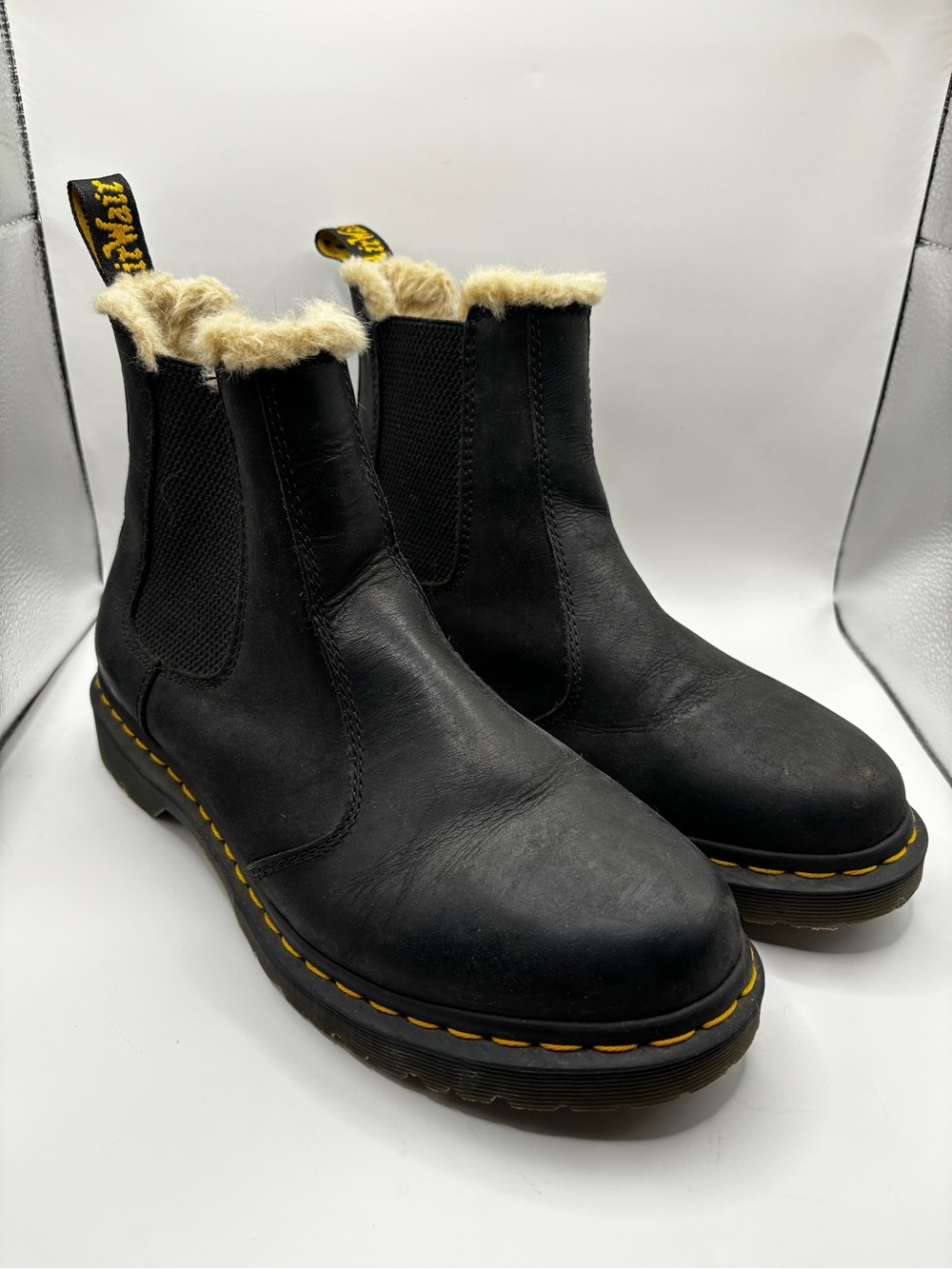 Dr. Martens Black Leather Fur-Trim Chelsea Booties with Yellow Stitching SIZE 9